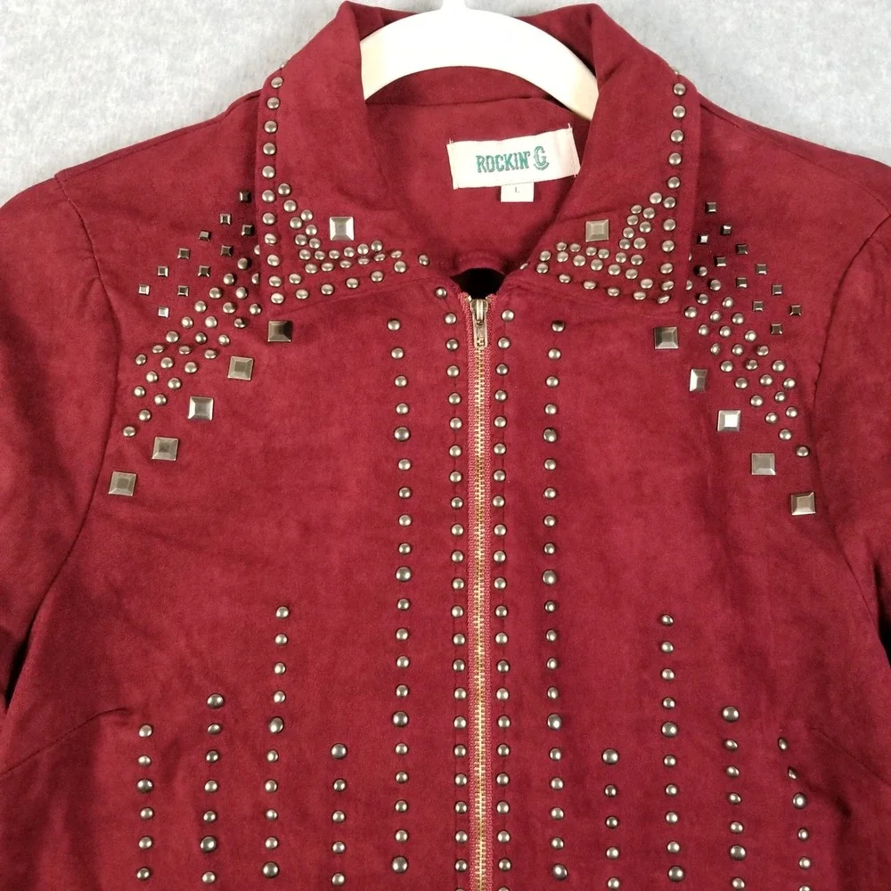 Rockin' C Jacket Women's Large L Red Studded Faux Suede Western Thunderbird Bell